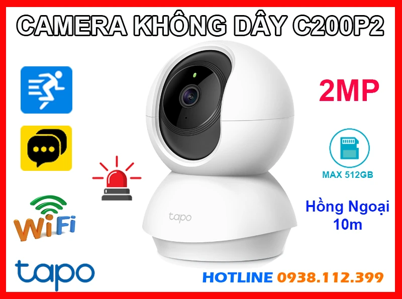  Tapo C200P2 camera IP Wi-Fi không dây trong nhà với khả năng quay xoay 360 độ mang đến góc nhìn toàn diện độ phân giải 2MP cho hình ảnh sắc nét tích hợp đàm thoại hai chiều và hồng ngoại ban đêm rõ nét trong phạm vi 10m camera hỗ trợ khe thẻ nhớ lên đến 512GB