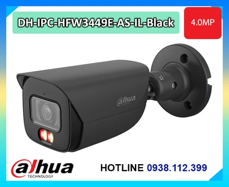 Camera Dahua DH-IPC-HFW3449E-AS-IL-Black, Camera Bullet 4MP Dahua WizSense, Camera Dahua Smart Dual Light 50m, Camera AI Dahua SMD 4.0, Camera Dahua IP67 ngoài trời