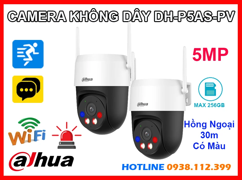  DH-P5AS-PV camera IP wifi không dây quay xoay 360 độ ngoài trời với độ phân giải 5MP tích hợp báo động thông minh Camera hỗ trợ hồng ngoại 30m và công nghệ full color cho hình ảnh màu sắc rõ nét cả ban đêm camera còn có hỗ trợ khe cắm thẻ nhớ lên đến 256GB chuẩn chống nước IP66
