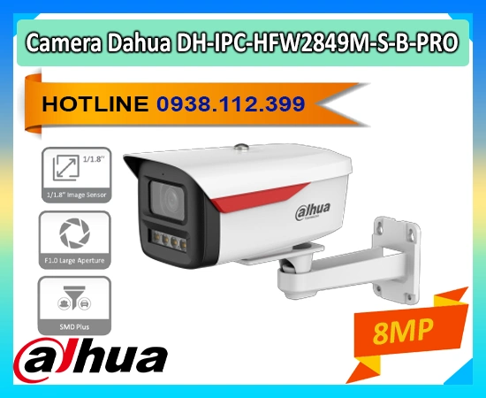 Camera Dahua DH-IPC-HFW2849M-S-B-PRO, Camera WizColor Dahua 8MP, Camera ban đêm có màu Dahua, Camera chống ngược sáng Dahua, Camera an ninh 8MP Dahua, Camera IP67 Dahua, Camera SMD Plus Dahua DH-IPC-HFW2849M-S-B-PRO